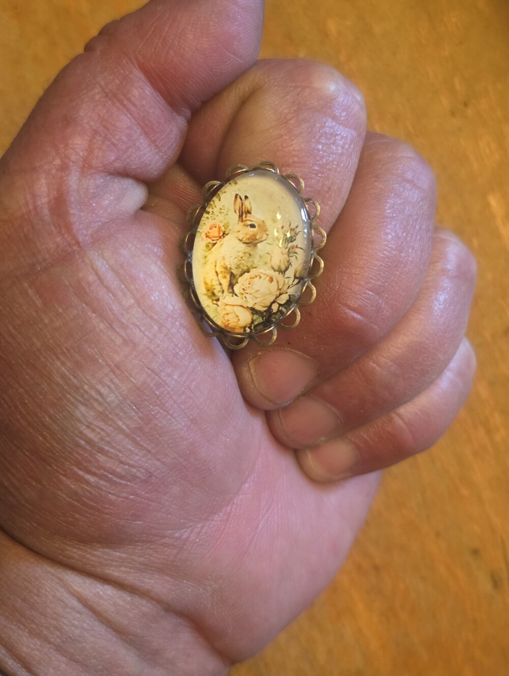 Adorable Bunny Oval Glass Cabochon In Bronze Tone Bezel. Adjustable Ring